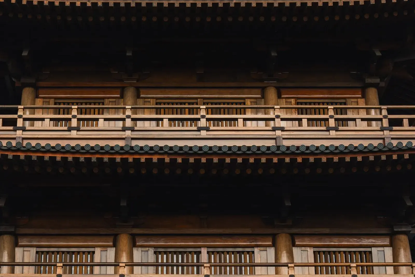 Close-up of the stacked roofs of a traditional Japanese pagoda