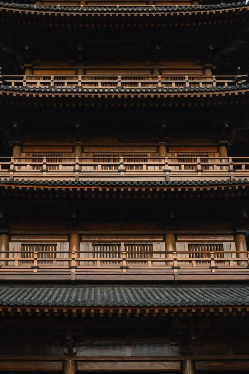 Close-up of the stacked roofs of a traditional Japanese pagoda